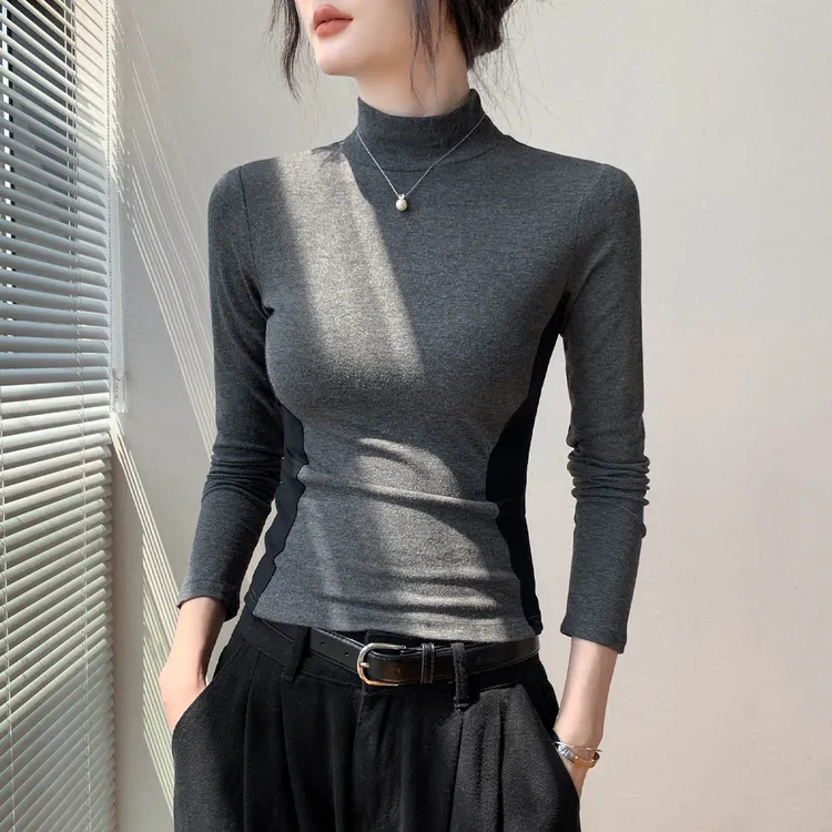 半高领拼色长袖T恤女2025秋新款修身外穿上衣别致正肩内搭打底衫