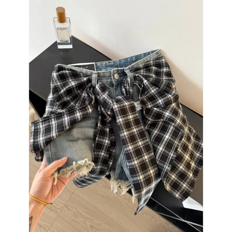 美式复古屁帘两件套牛仔短裤女2025夏季遮跨显瘦显高设计感超短裤