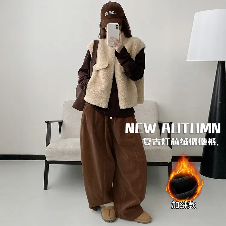 复古灯芯绒慵懒裤女2025秋冬加绒加厚撞色抽绳休闲百搭宽松阔腿裤