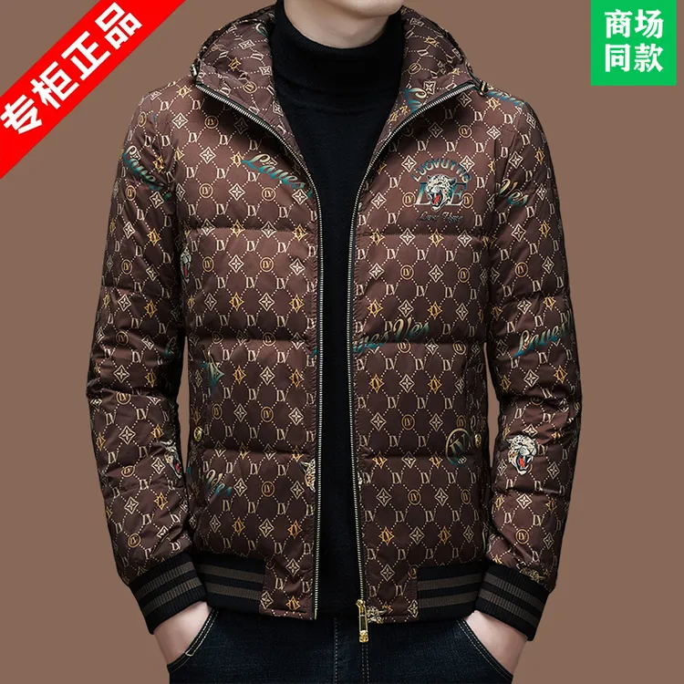 意大利正品大牌羽绒服男款中青年短款连帽印花爆款男士冬季外套潮