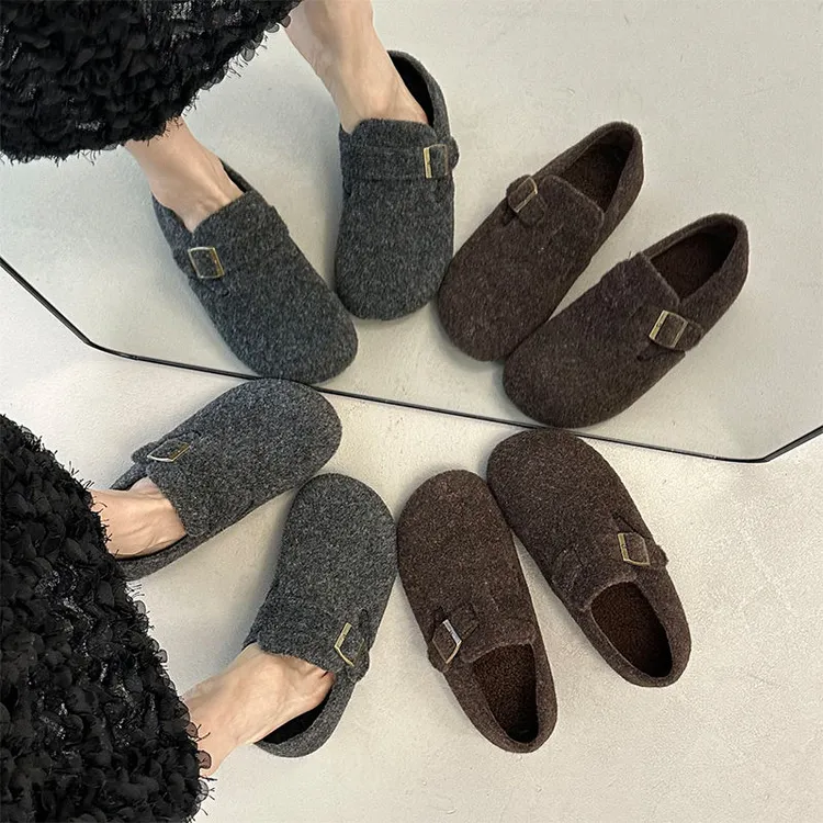 毛呢小土豆防滑软底丑萌圆头勃肯鞋子女加绒保暖秋冬灰色毛毛鞋女