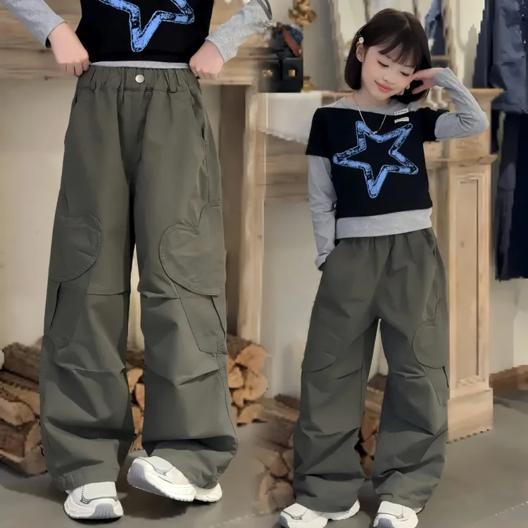 女童秋季套装2025新款韩版假两件上衣儿童中大童春秋工装裤两件套