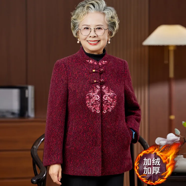 老年人冬装女唐装外套70老太太加绒加厚国风呢子上衣妈妈奶奶衣服