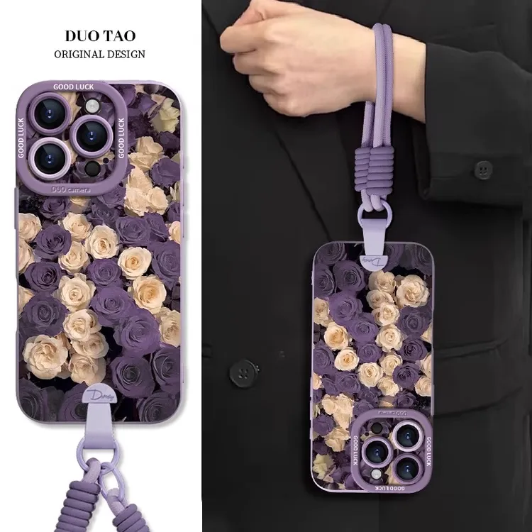玫瑰团花适用苹果16promax手机壳轻奢iPhone 17彩绘保护壳15p个性
