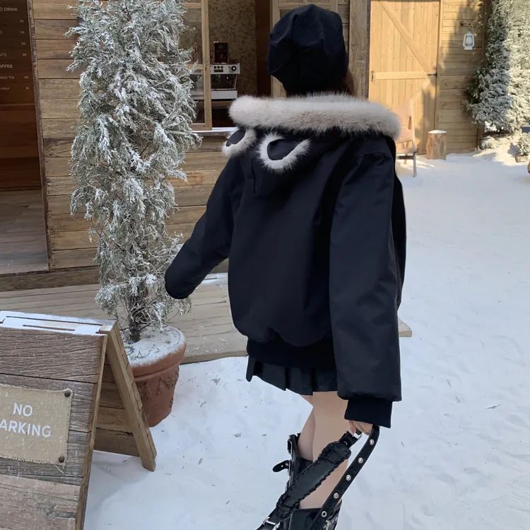 美式座山雕猫耳朵毛领内里加绒男女同款宽松百搭收腰大毛领棉服