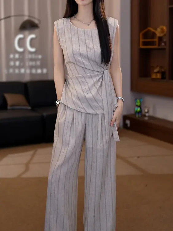 韩系休闲风条纹通勤裤套装女2025夏季新款显瘦无袖洋气衬衫+裤子