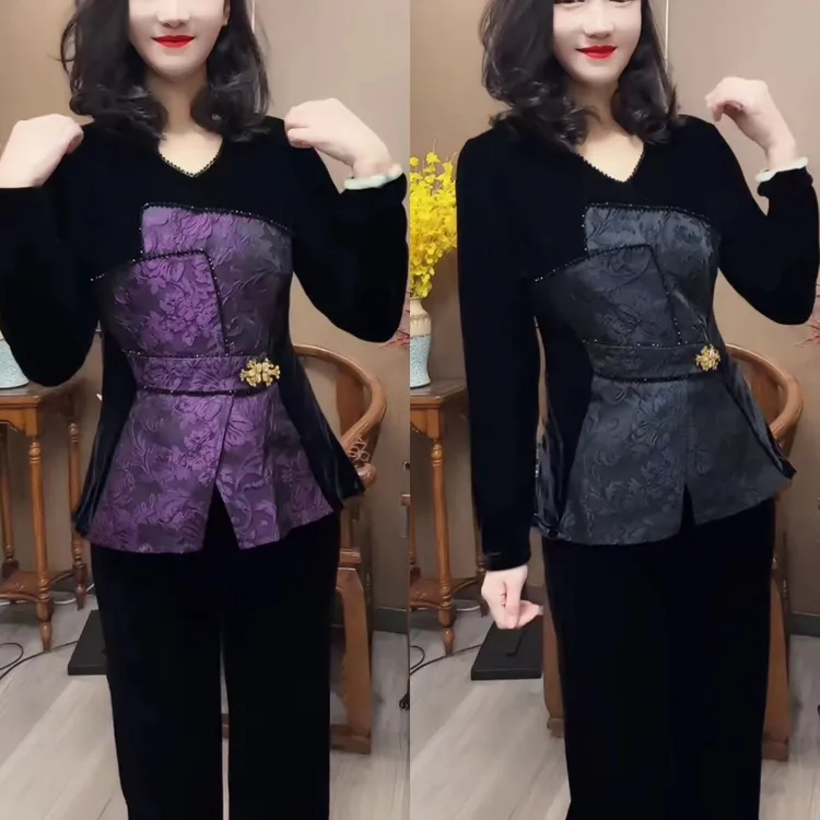 拼接提花中式修身长袖辣妹风绒衫法式秋冬