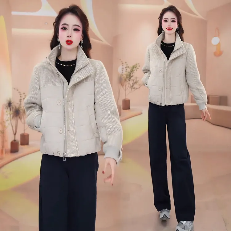 洋气立领短款棉服女2025冬季新款时髦洋气毛呢拼接立领棉袄外套潮