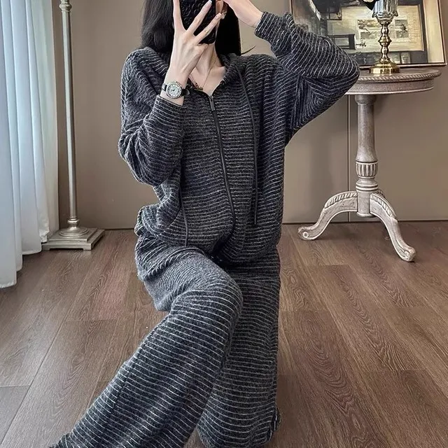 高级感时尚条纹连帽套装女春秋2025休闲 开 衫厚棉T外套阔腿裤两