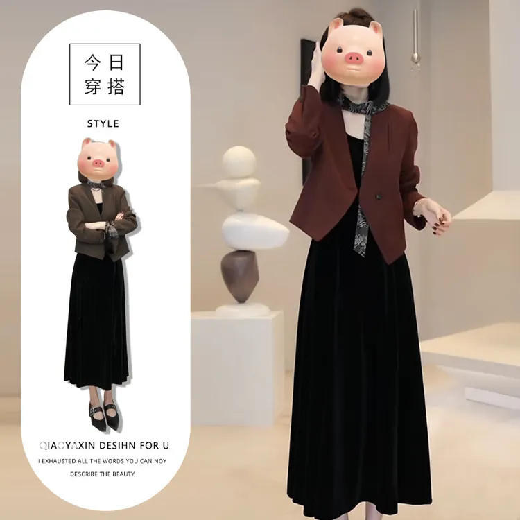 2025秋冬法式复古洋气短款外套黑色显瘦长款裙子轻熟风显气质套装