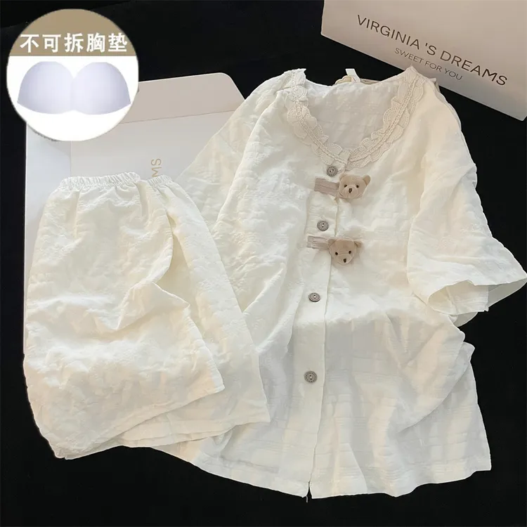 带胸垫睡衣女夏季新款云朵棉短袖甜美可爱小熊少女夏天家居服套装
