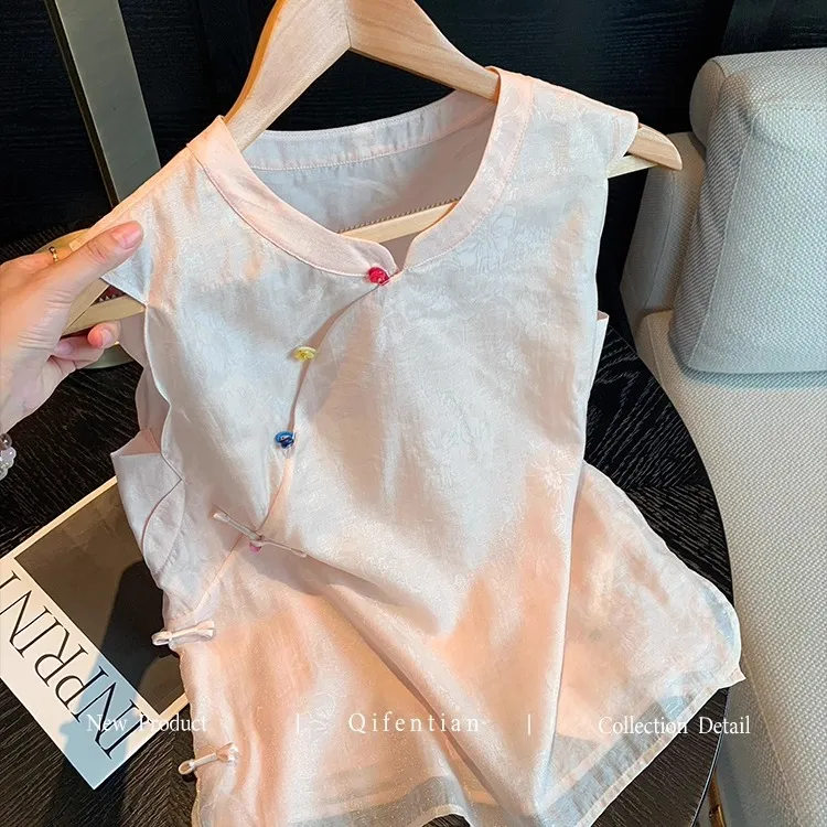 粉色新中式暗纹提花无袖上衣女夏季新款甜美气质减龄斜襟盘扣背心