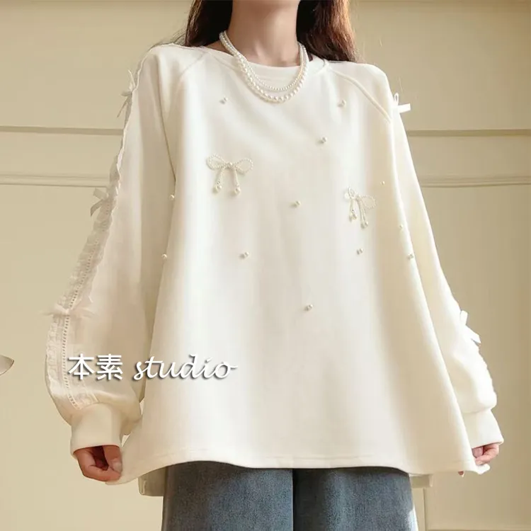 稚气学妹C4687钉珠蝴蝶结蕾丝贴布圆领卫衣