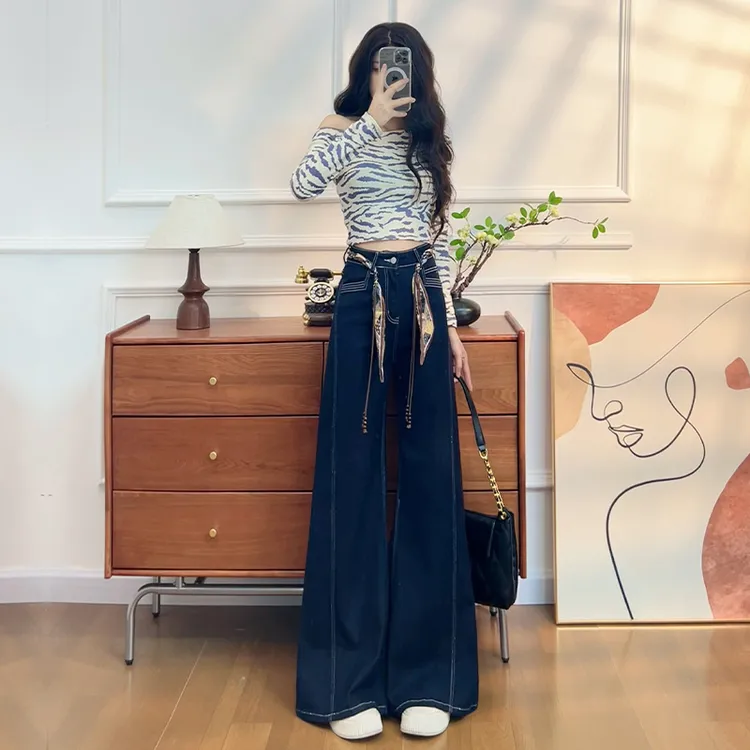 阔腿牛仔裤女春秋季2025新款宽松时尚弹力超火慵懒丹宁蓝直筒裤子