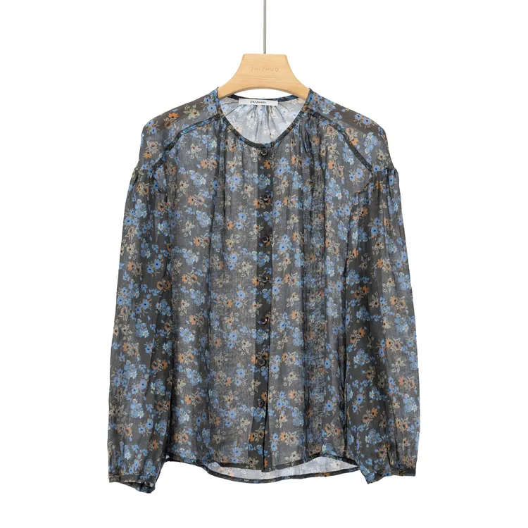 复古花房复古碎花轻薄百搭遮肉圆领长袖衬衫