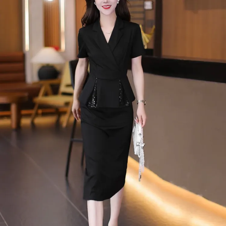 假两件连衣裙女神包臀夏季修身长款法式西装领黑色裙收腰气质显瘦
