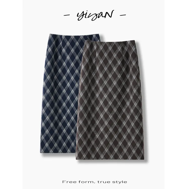 秋冬格纹半身裙毛呢菱形格中长裙韩系复古百搭气质设计感