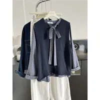 秋季时尚复古细带宽松木耳边格子衬衫+圆领格子针织马甲女休闲