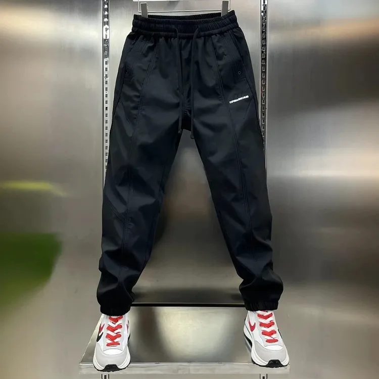 男士拼接刺绣束脚休闲裤2025年潮流百搭运动裤松紧腰修身男款裤子