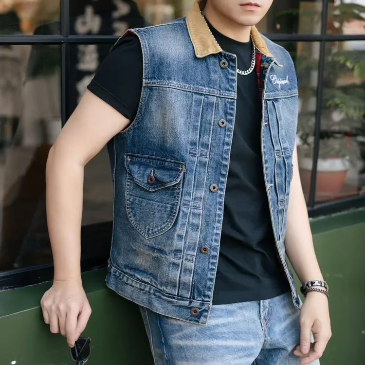 SINGLE SAILOR美式复古水洗立体刺绣徽章羊毛牛仔背心坎肩马甲