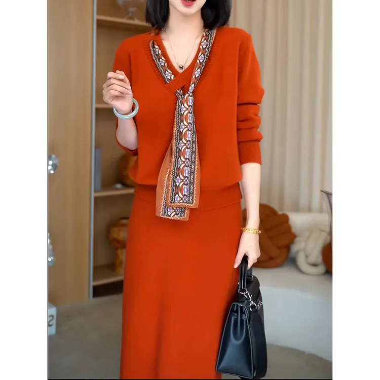 高级感洋气时尚针织裙套装2025冬季新款轻奢气质百搭上衣+半身裙