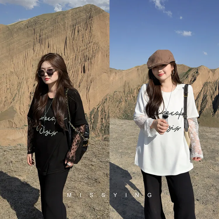 应小姐【苗丝叙】微胖大码韩系宽松休闲风简约显瘦圆领蕾丝珍珠T恤