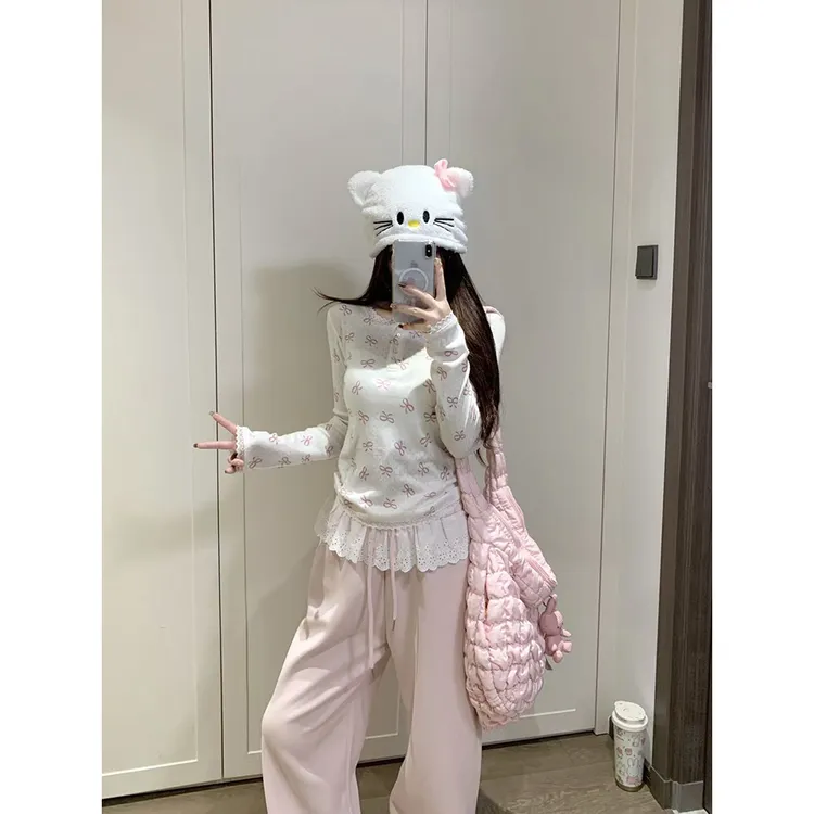 蕾丝小花边圆领蝴蝶结打底衫T恤女+镂空屁帘拼接阔腿休闲裤 60631