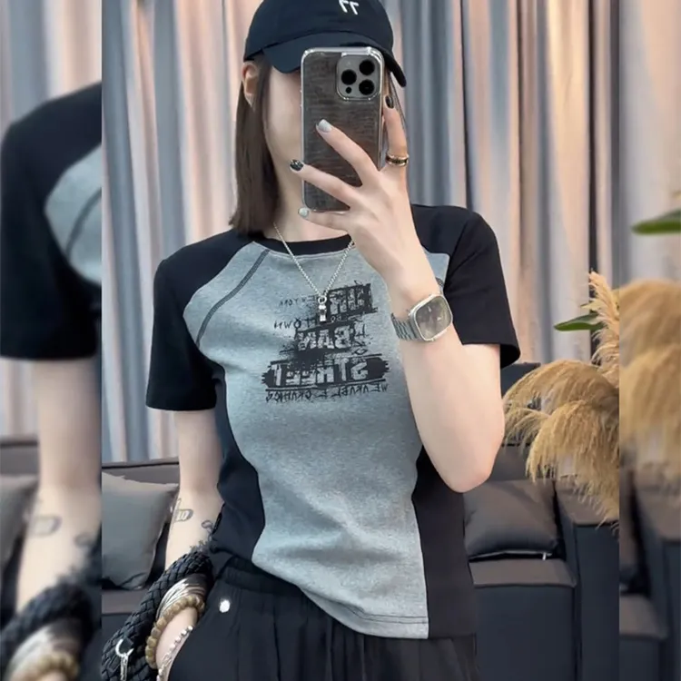 新款欧货拼色T恤女小衫爆款独特显瘦上衣超好看插肩袖短袖T装夏款