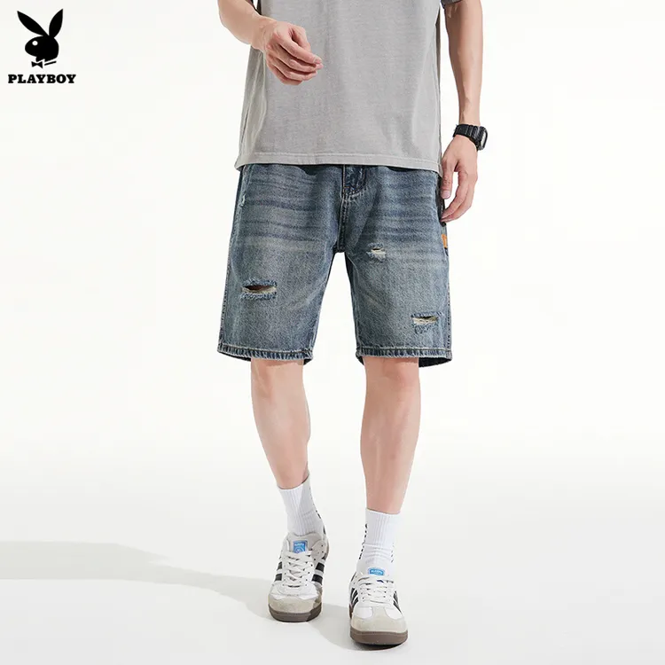 花花公子破洞牛仔短裤男士夏季薄款潮牌五分中裤2025新款外穿宽松