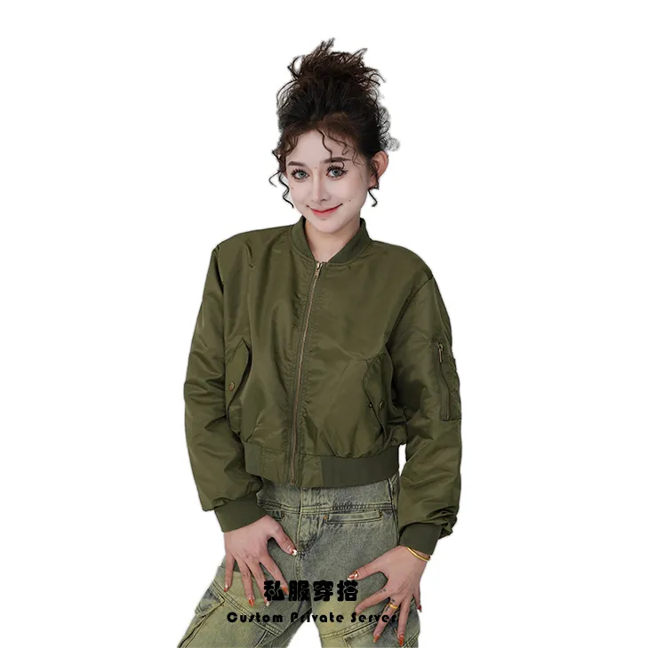 「摩登工装」美式vintage军绿色短款棒球服女飞行夹克秋冬休闲百搭