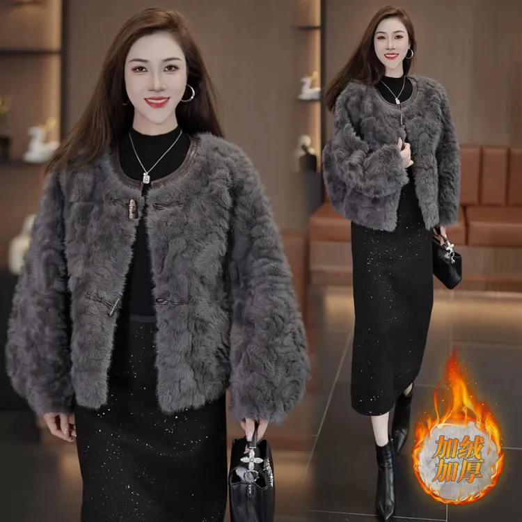 冬季时尚加厚短款外套女仿皮草羊羔绒皮毛一体小个子秋冬上衣