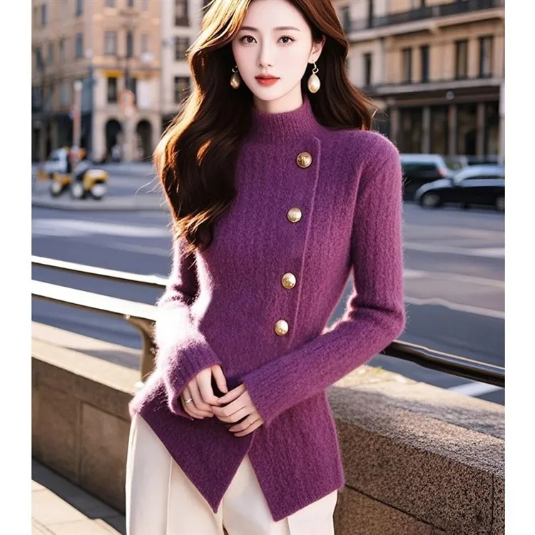 好看款紫色高领加厚打底毛衣女2025冬季软糯修身显瘦针织衫上衣女