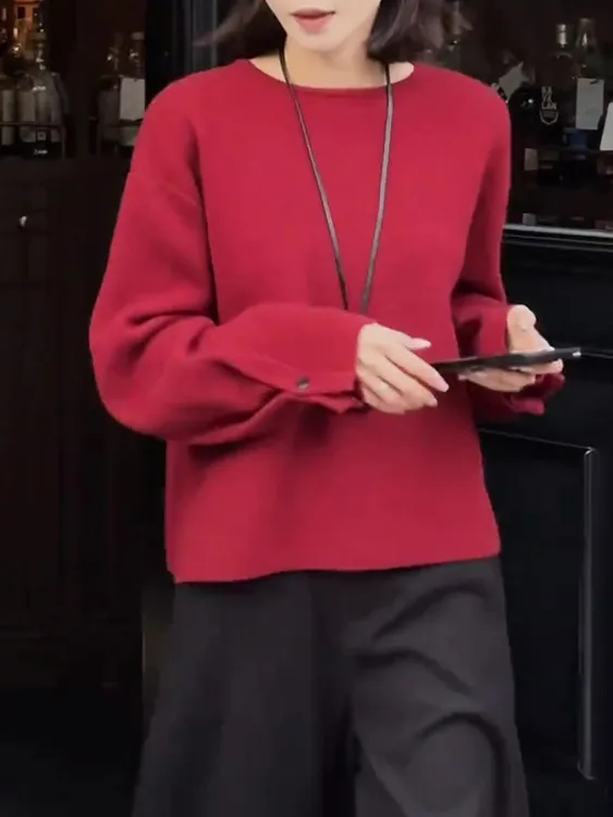 高级感红色后排扣上衣女2025年春季新款宽松显瘦休闲百搭通勤长袖