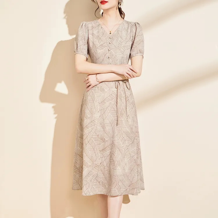 优雅修身显瘦夏季短袖连衣裙2025新款系带中长款今年流行漂亮裙子