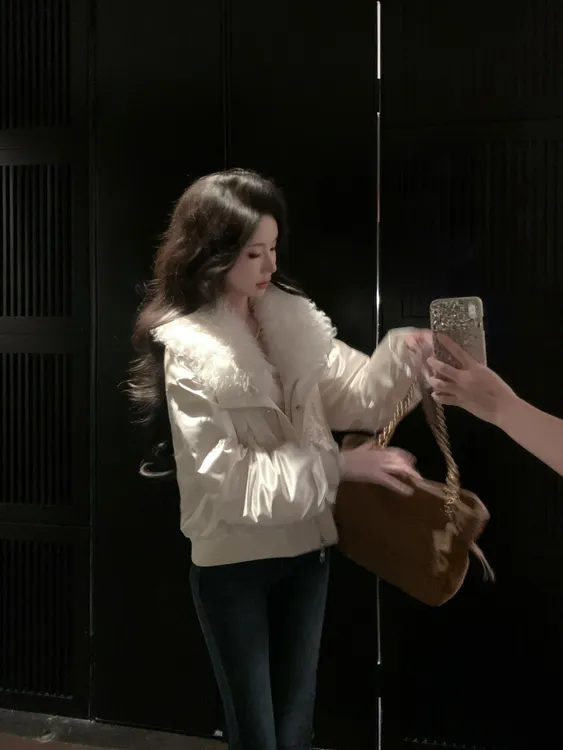 【雅乔定制】真丝鹅 羊皮毛毛绒翻领真丝鹅绒服外套女DYZY-25107792