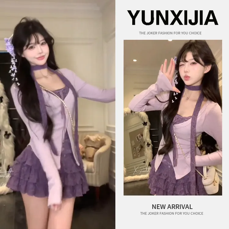 2025春季新款法式纯欲甜辣妹假两件上衣设计感高腰蓬蓬半裙两件套