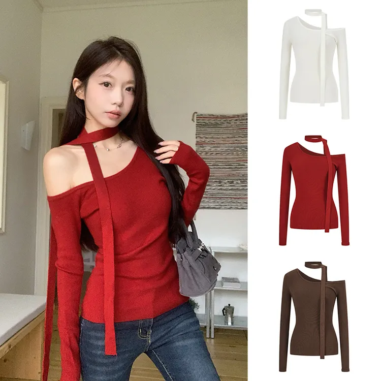 MosesQueen/魔西女王美式辣妹设计感挂脖收腰修身显瘦针织上衣