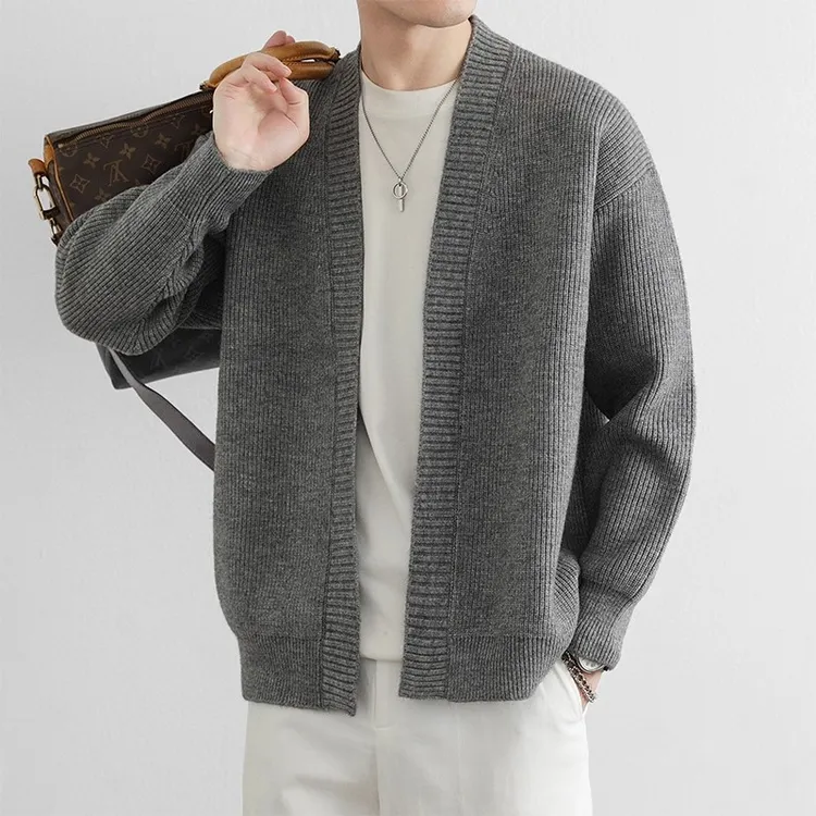 重磅复古针织开衫外套男春秋款美式潮牌简约高级感老钱风毛衣夹克