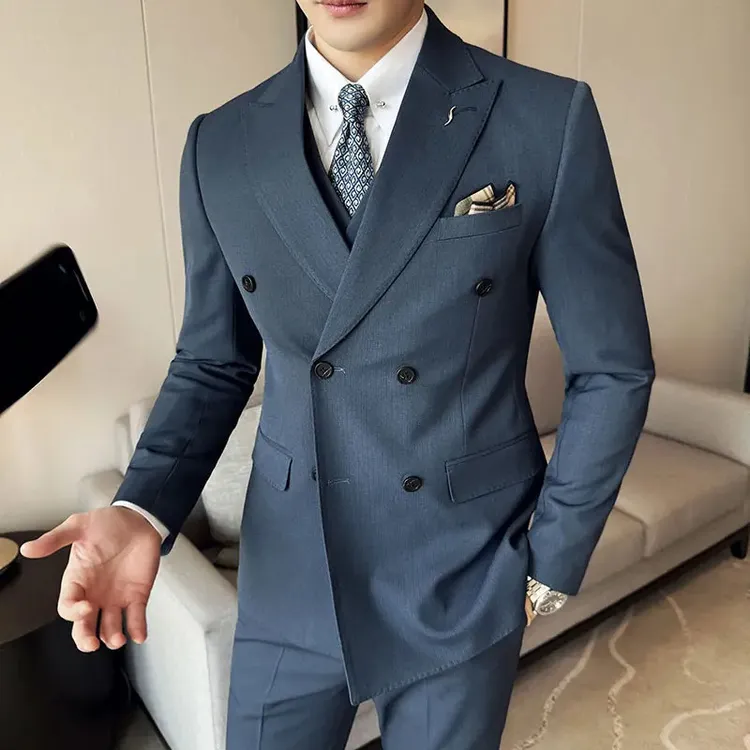 条纹西服套装男士婚礼服秋冬结婚西装商务休闲双排扣男士西装套装