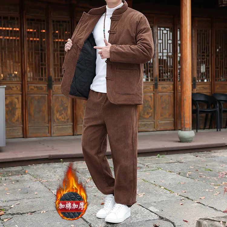 冬季新中式复古纯色加厚保暖唐装休闲棉服套装棉衣两件套居家服