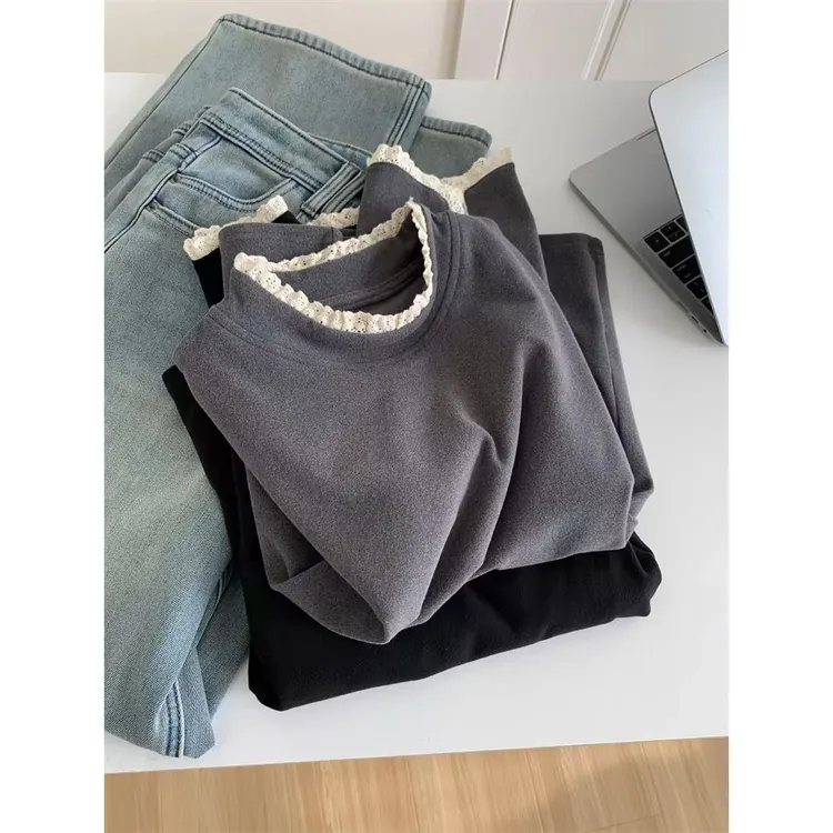 胖妹妹240斤大码蕾丝花边长袖上衣女秋冬季宽松显瘦T恤德绒打底衫