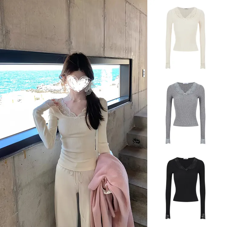 Moses Queen/魔西女王早秋方领蕾丝拼接打底衫女春秋掐腰长袖上衣