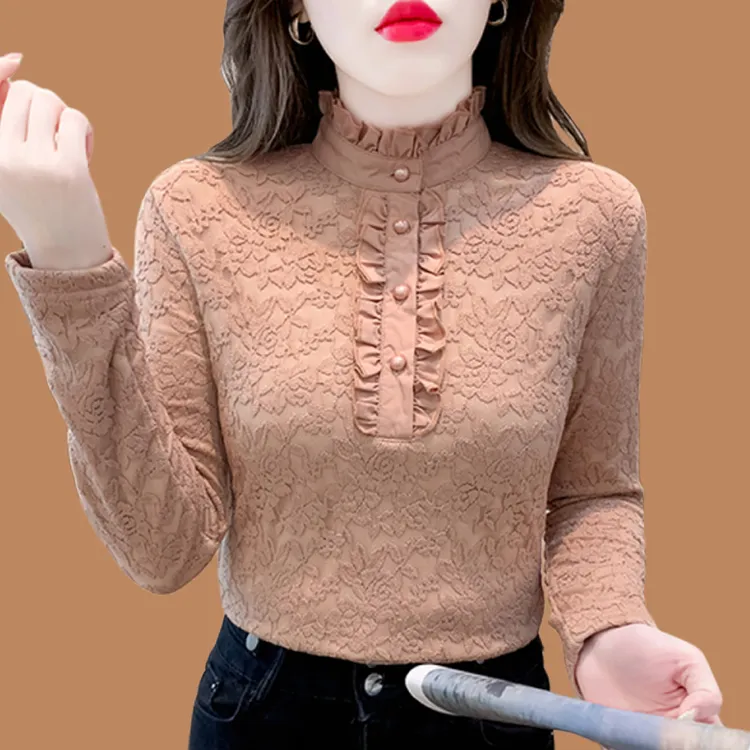 半高领蕾丝加绒打底衫女冬季可外穿大码洋气内搭加厚保暖上衣胖mm