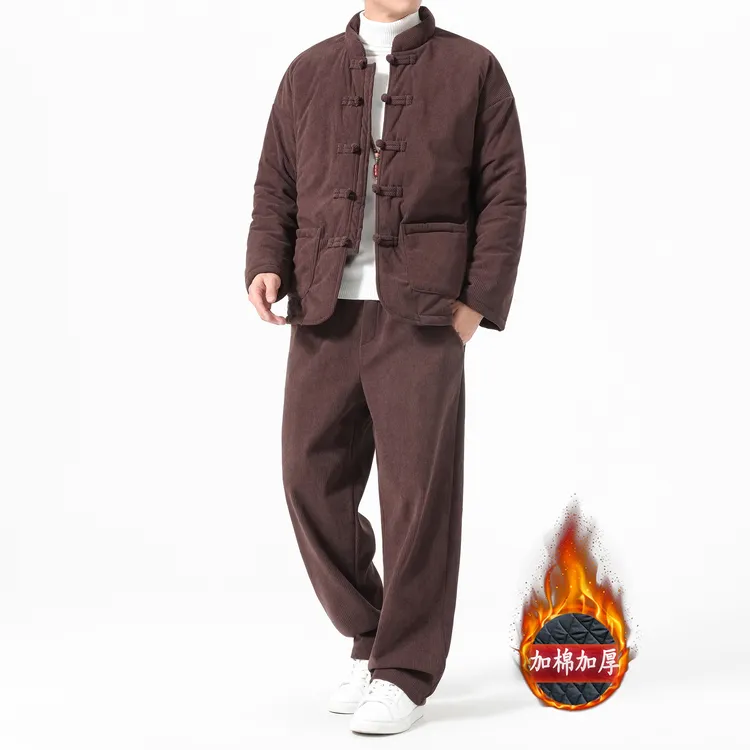 [两件套]中式休闲套装男冬季2025新款唐装中老年加厚棉服外套保暖