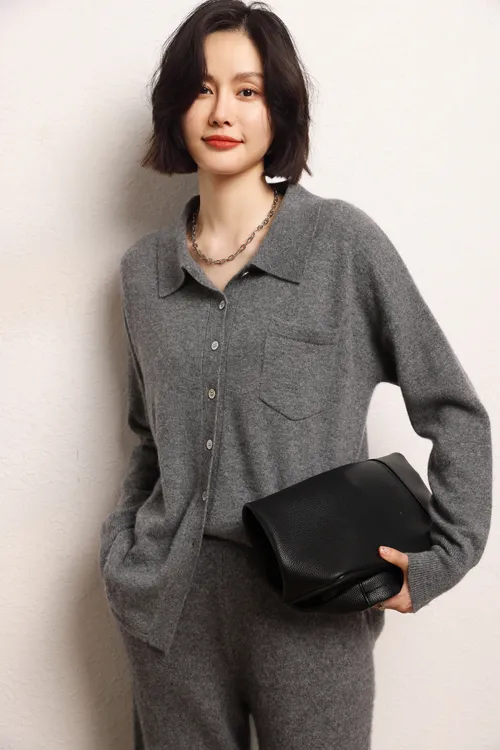 显瘦秋冬新款单股POIO领宽松羊绒针织翻领羊毛衫保暖衬衫羊绒衫