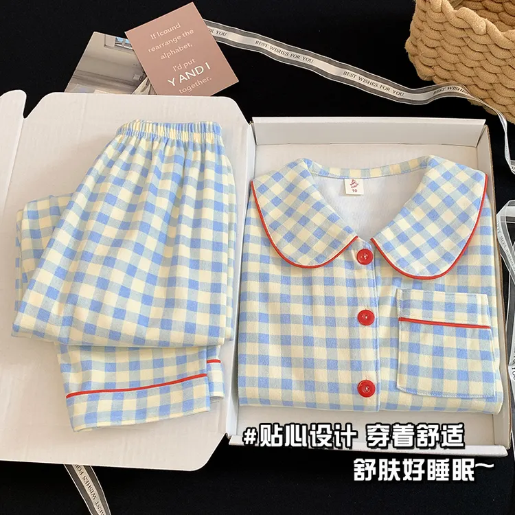 【德绒蓝格子】秋冬季保暖卡通女童儿童睡衣翻领女孩休闲家居服套装