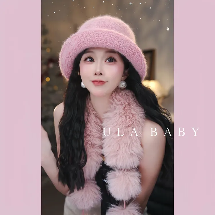 【喜儿ula】12-3-7翻檐兔毛秋冬简约毛绒甜美显脸小帽