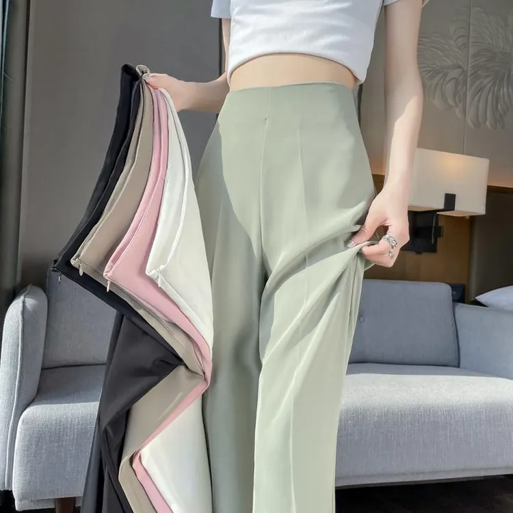 雪纺西装裤女夏季薄款小个子窄版冰丝阔腿裤侧拉链高腰垂感微喇裤