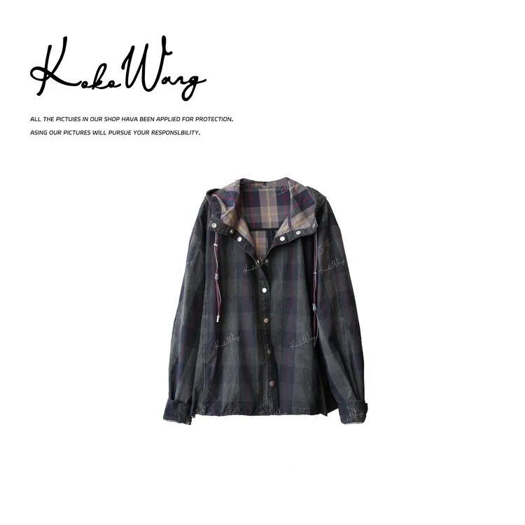 KOKO WANG秋冬设计款男友风抽绳连帽宽松显瘦格子外套N2625H16W41