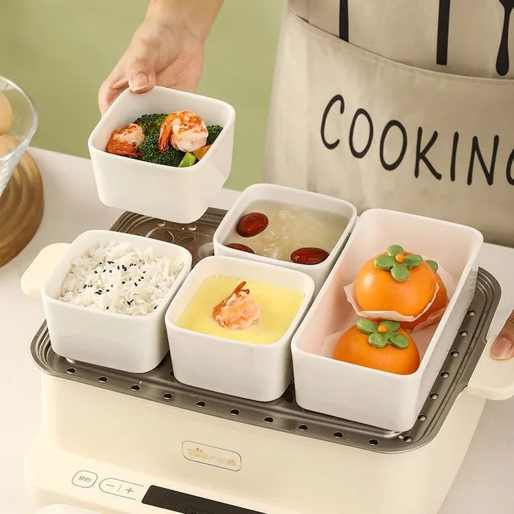 陶瓷食品级带盖蒸碗电蒸锅专用蒸蛋碗宝宝婴儿辅食蒸菜正长方形盘